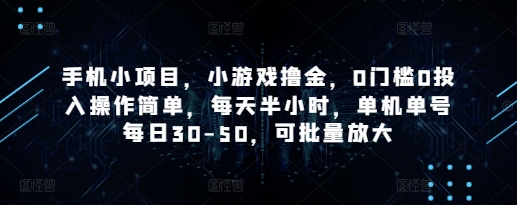 手机小项目，小游戏撸金，0门槛0投入操作简单，每天半小时，单机单号每日30-50，可批量放大-狐蜂资源网