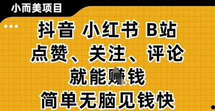 小而美的项目，抖音小红书B站视频点赞、关注、评论就能挣钱，简单无脑立见收益，妥妥的零撸项目【揭秘】-狐蜂资源网